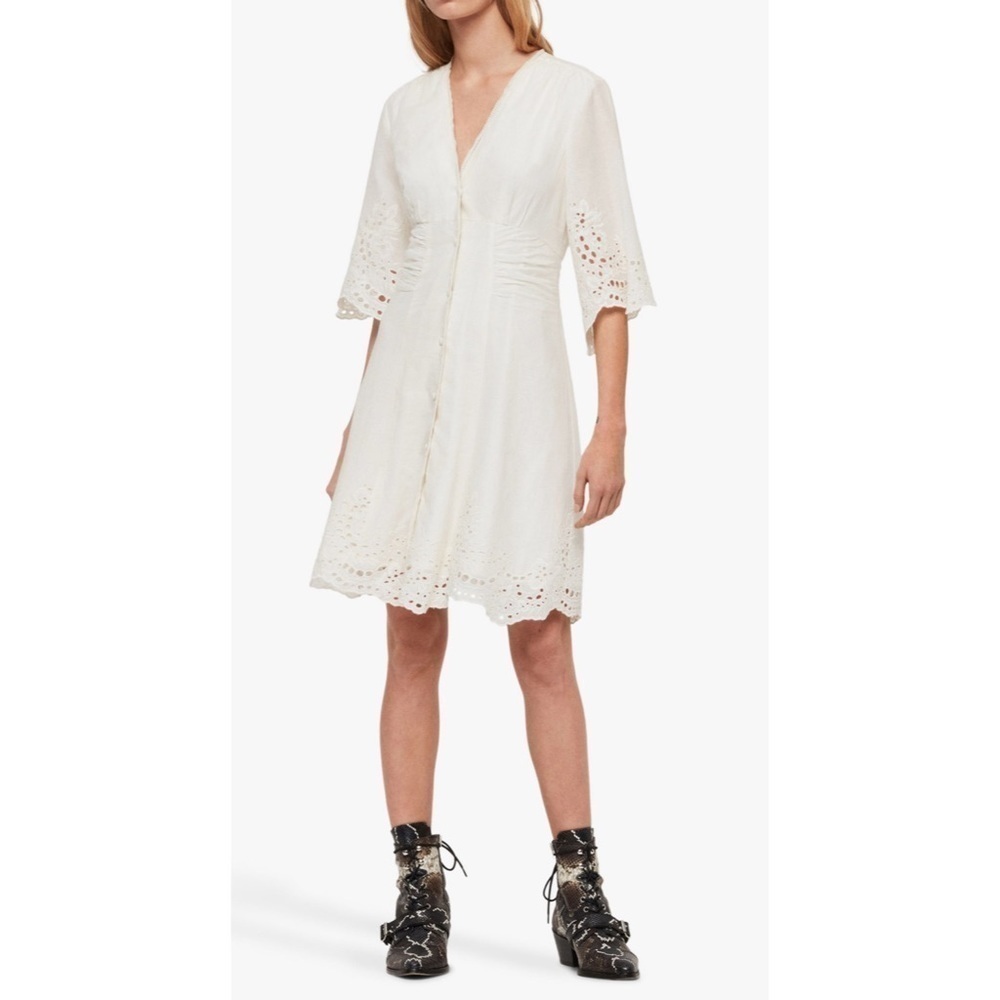 AllSaints Una Broderie Mini Dress Sz 10 Chalk White Eyelet Cotton Button Front